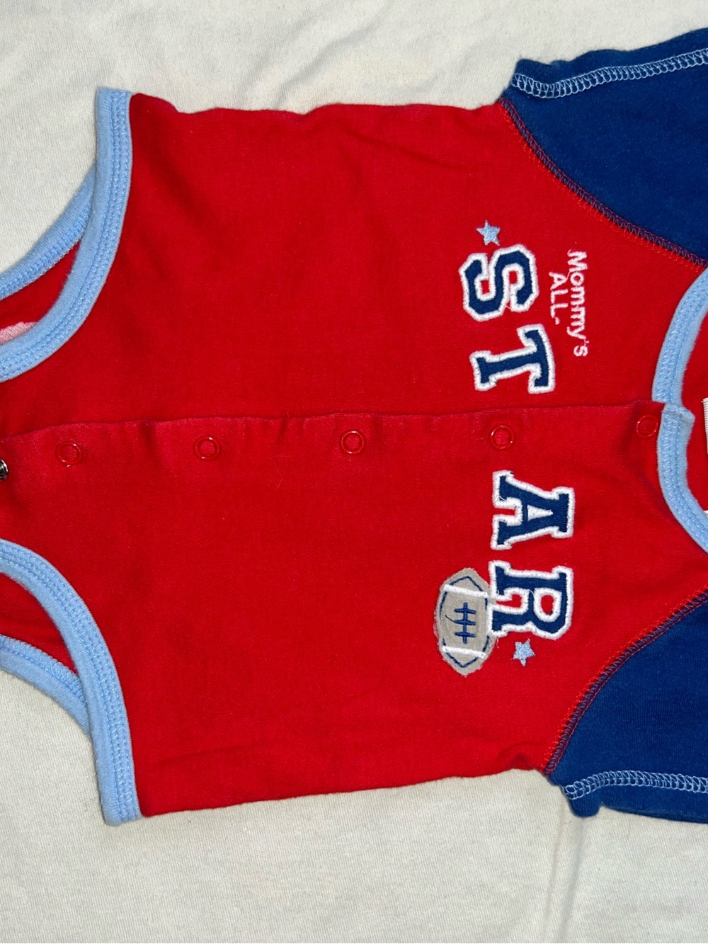 Red & Blue Baby Onesie with '1st AR' Football Applique
